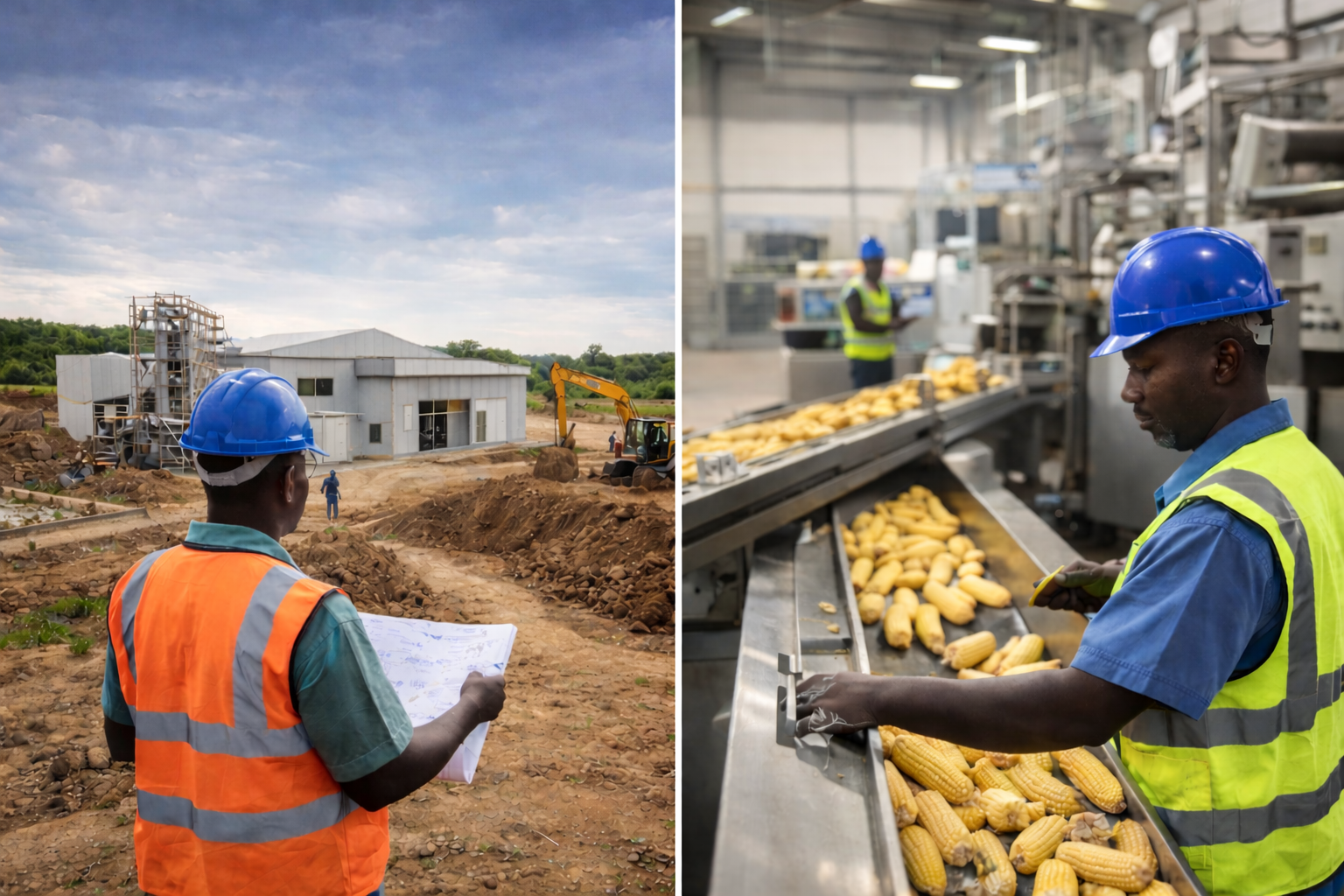 Construction and food processing industries at work