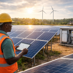 Solar technician monitors renewable energy farm