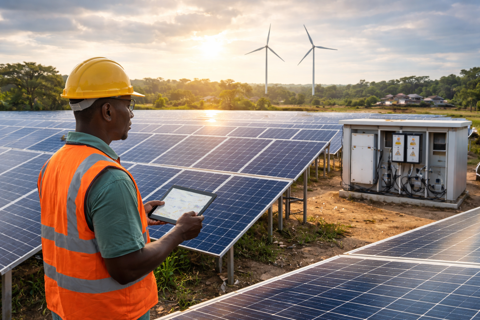 Solar technician monitors renewable energy farm